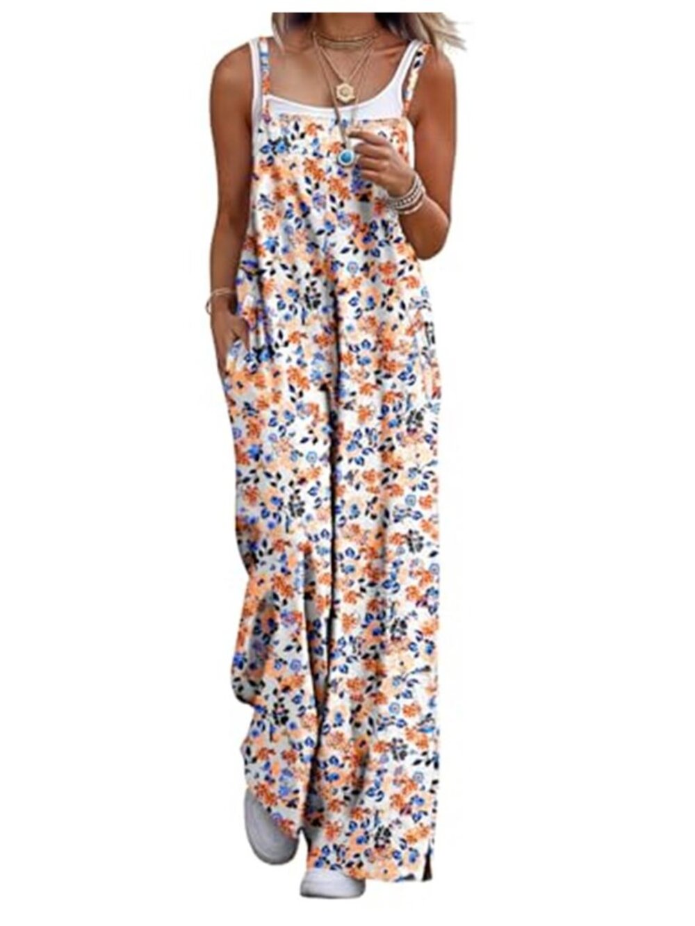 Womens Floral Boho Jumpsuit Wide Leg Overalls Adjustable Straps Cotton Blend